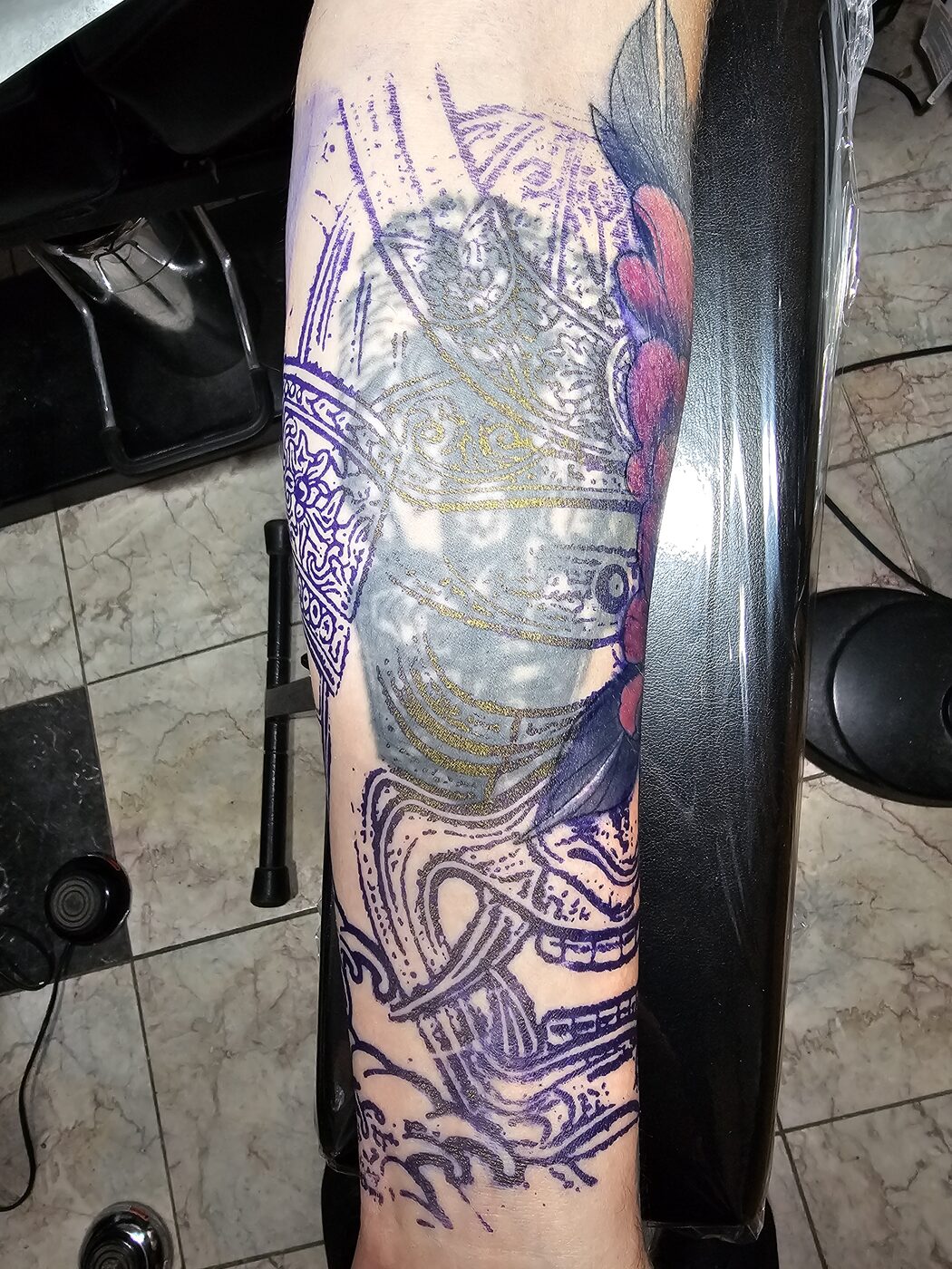 Samurai cover-up, first session linework by Guy Abergel